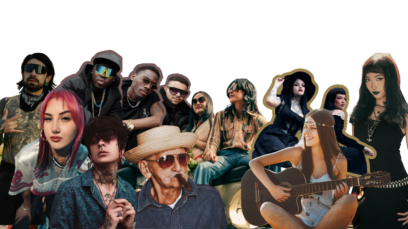 Subcultura grupo de personas de diferentes subculturas como, hippie, punks y chicanos, mostrando autenticidad e identidad cultural