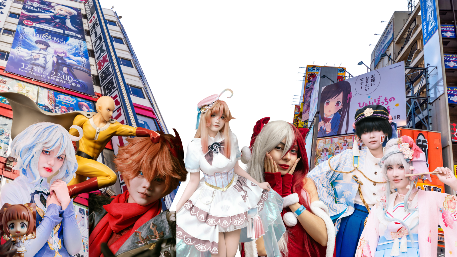 Subcultura elementos populares asociados con la subcultura otaku como los cosplays de one punch man, todoroki, y Hanako-Kun con con figuras de acción y edificios grandes con carteles de animes japoneses