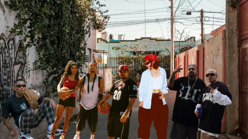 Cholos Hombres expresando la cultura chicana a través del lenguaje visual como tatuajes de la virgen maria o rosas, autos clásicos, gorras y playeras oversize