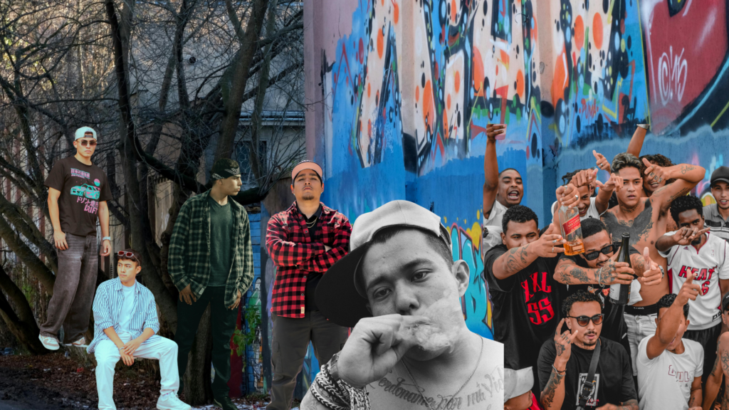 Cholos hombres en un entorno urbano utilizando un estilo cholo como camisas de cuadros con gorras y un grupo expresando comunidad y alegría