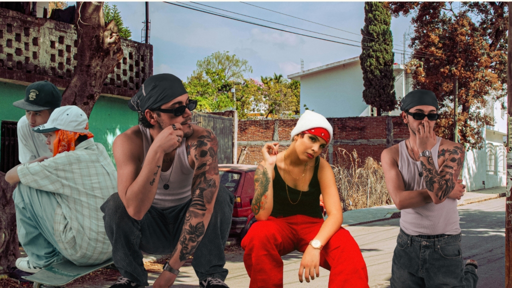 Cholos jóvenes utilizando una vestimenta chola con gorros, pantalones anchos y camisetas