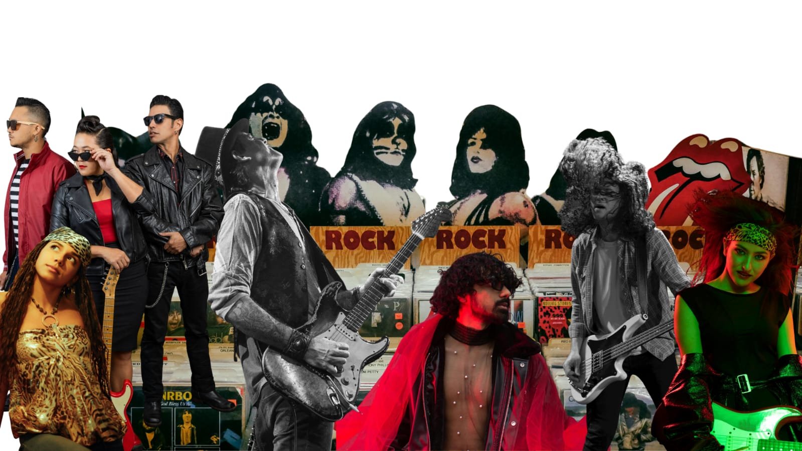 Rockero personas usando ropa inspirada en la moda rockera y dos guitarras con un grafiti de Kiss y The Rolling Stones