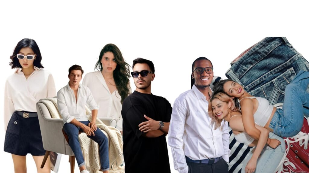 Casual personas usando ropa de colores blancos, negro, gris y azules de materiales cómodos como el algodón, la mezclilla y lycra