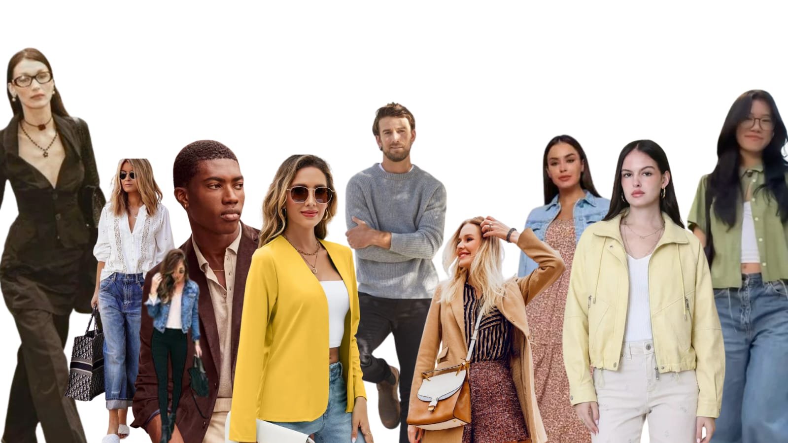 Casual mujeres y hombres usando un look que combina la elegancia con la sencillez, usando camisas, blazers, suéteres de colores claros, vestidos y playeras
