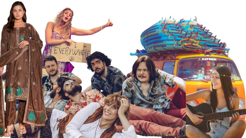 Hippies: paz, amor y libertad Personas mostrando un estilo hippie con telas patronadas, y una van amarilla de fondo representado una vida de libertad y paz