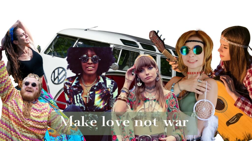 Hippies: paz, amor y libertad Mujeres y hombres hippies con elementos representativos como atrapasueños, guitarras y ropa de colores intensos representando a la cultura hippie, con su lema Make love, not war.
