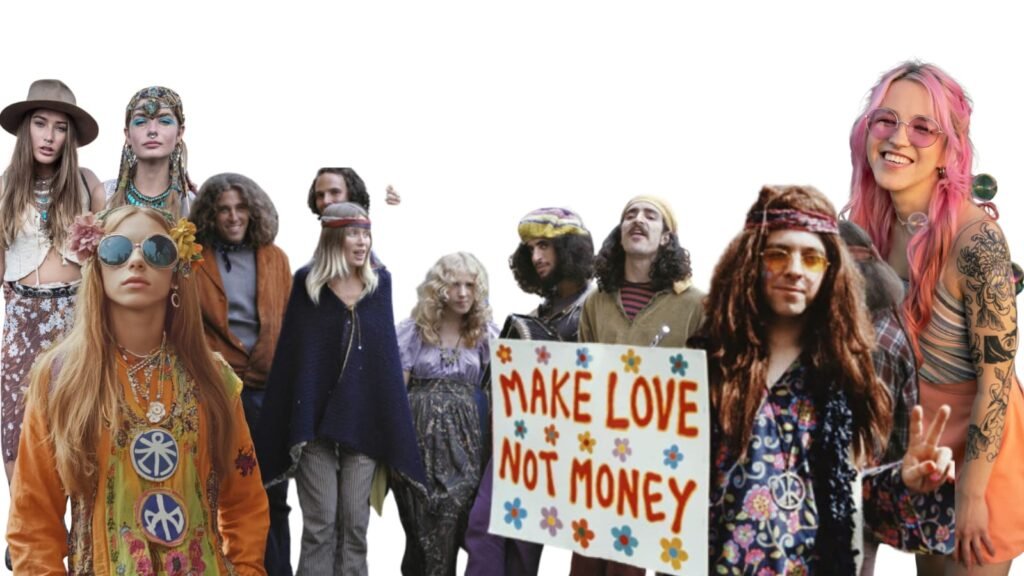 Hippies: paz, amor y libertad grupo de personas hippies con blusas, vestidos, pantalones y faldas de colores intensos con maquillajes extravagantes y un cartel con la leyenda make love, not money