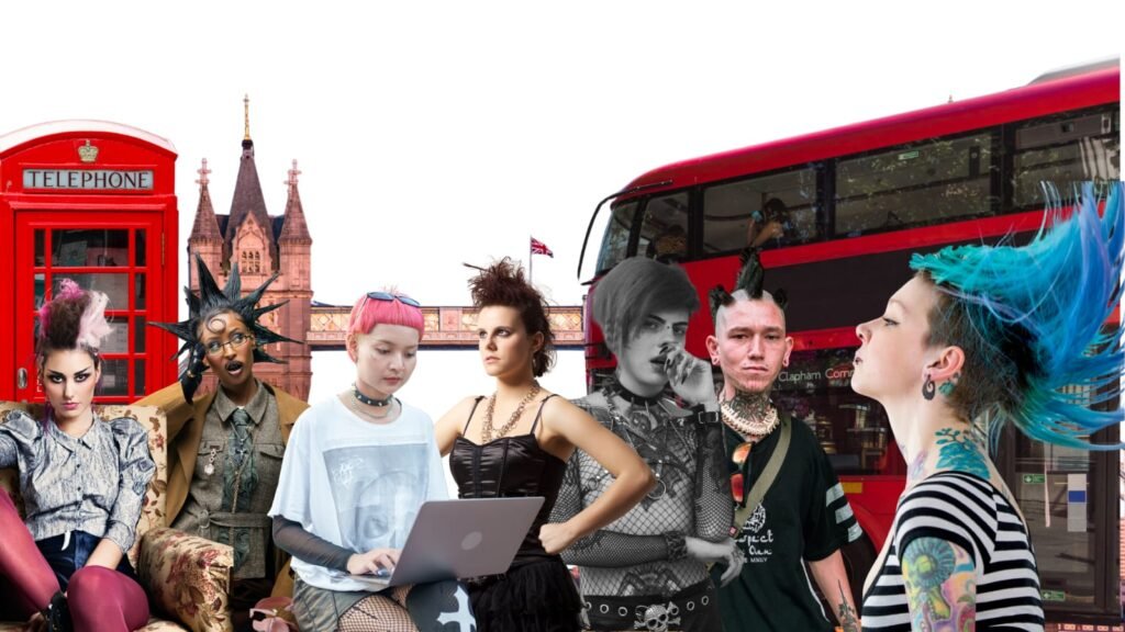Punk: rebeldía sin reglas mujeres con vestimenta alternativa usando camisas, faldas, tops, redes, y choker; con el cabello teñido y peinados como el mohawk, Liberty Spikes o el irokesen