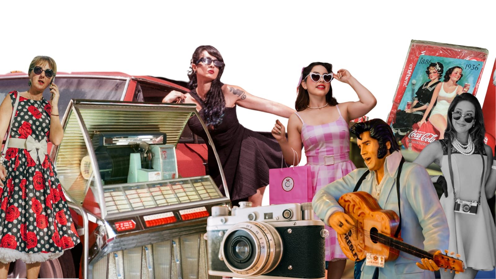 Rockero grupo de mujeres con el estilo representativo inicial de los rockeros como Elvis Presley, una rockola, cámaras fotográficas, un auto rojo y su vestimenta