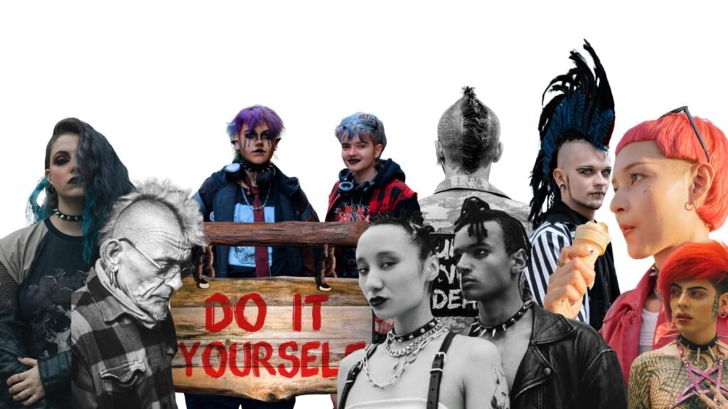 Punk: rebeldía sin reglas Personas con moda punk teniendo el cabello teñido de colores, peinados alternativos, maquillaje y accesorios con pinchos distintivos de la subcultura punk, con su famoso lema do it yourself