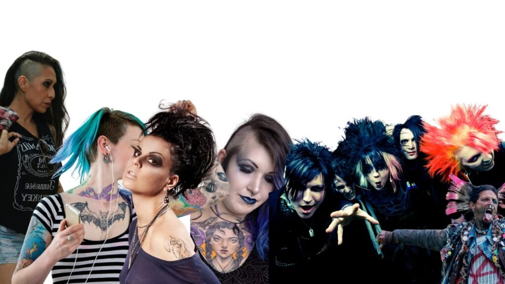 Punk: rebeldía sin reglas mujeres con ropa alternativa, tatuajes, peinados de colores intensos , expresando un espíritu original