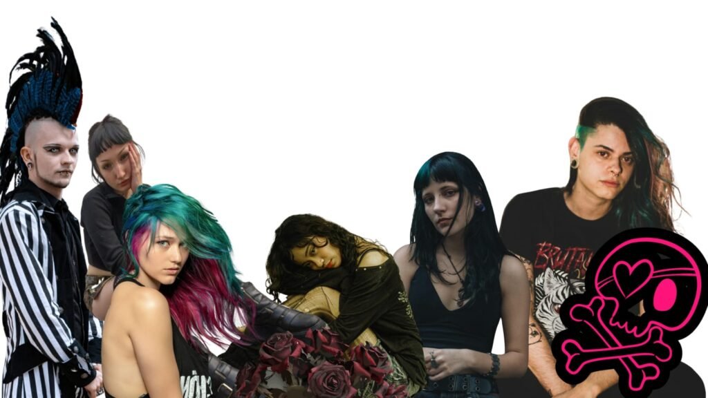  jóvenes con un look alternativo utilizando colores oscuros característicos del estilo emo 