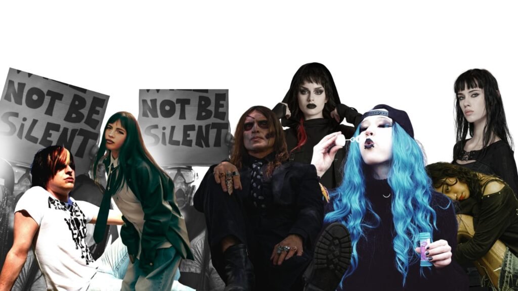 Grupo de jóvenes con características de la tribu urbana emo, como el cabello liso, flequillos largos o hasta la frente