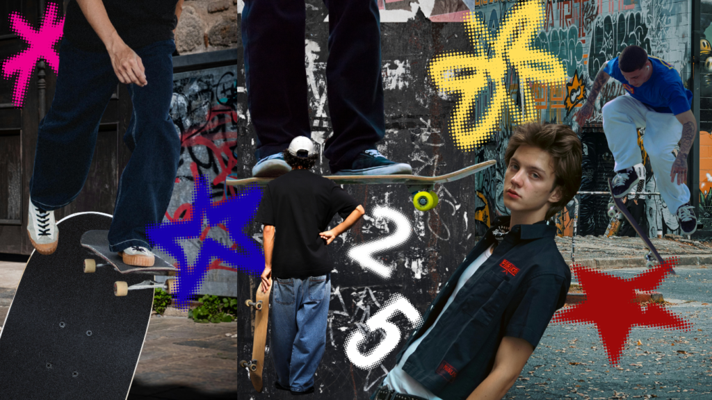Skate: libertad sobre ruedas hombres en una zona urbana haciendo skateboarding con grafitis alrededor