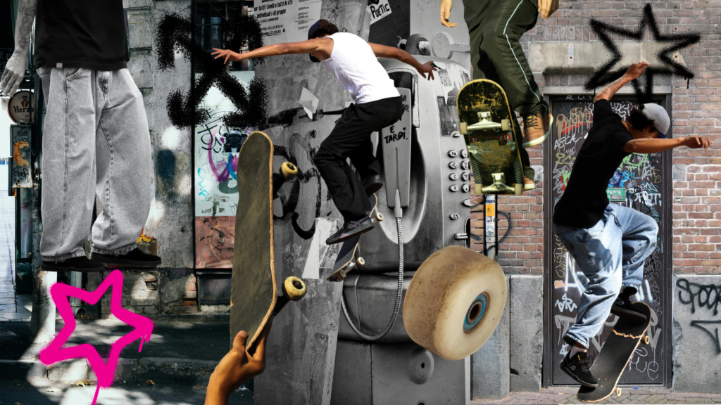 Skate: libertad sobre ruedas Hombres con estilo oversize usando unas patinetas en el fondo junto con unos graffitis