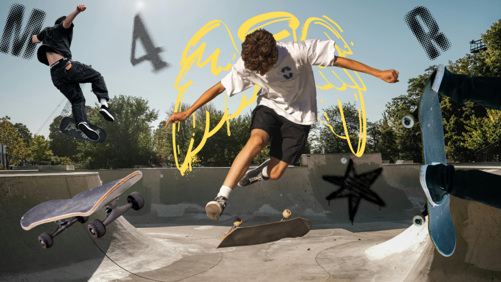 Skate: libertad sobre ruedas jóvenes con ropa cómoda como shorts oversize, playeras con logotipo en una pista de patinaje con grafitis a su alrededor